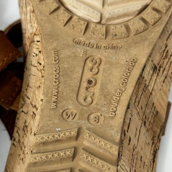 Crocs Sandals Brown Leather A-Leigh Cork Low Wedge Size 8 Slip On - Picture 6 of 11